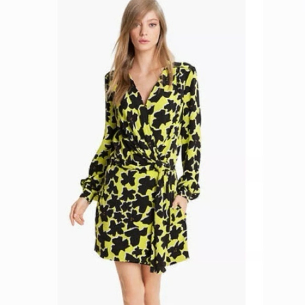 Diane Von Furstenberg Black and Yellow Floral Long Sleeve Dress